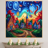 Colorful 4th of July Village with Fireworks, American Flags, and Swirling Sky, Whimsical Sunset Scene with Bold Colors and Playful Patriotic Celebration on Ready to Hang 1.5" Thick Canvas Wrap, Floating Framed Canvas, Flat Rolled Canvas